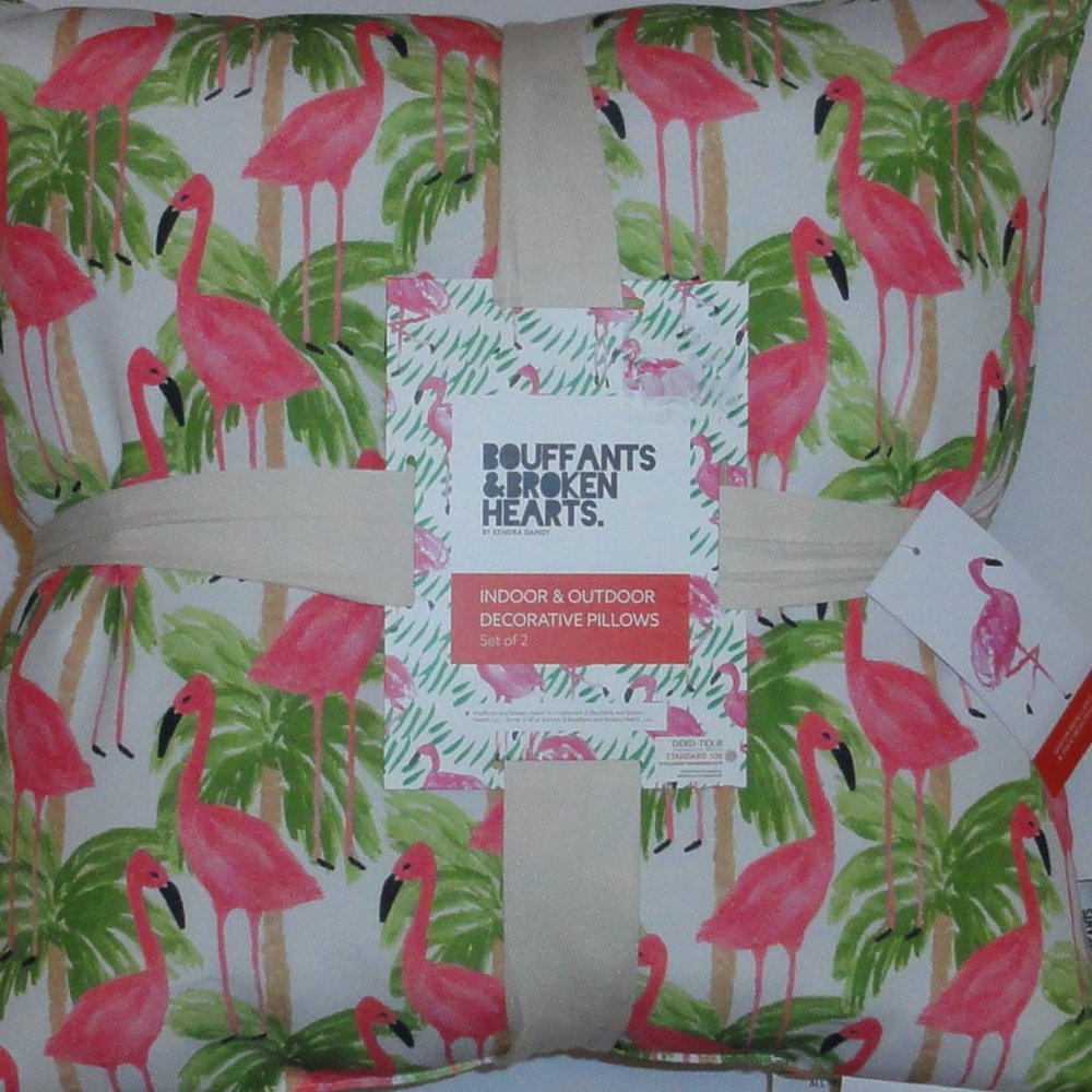 Pink Flamingos Pillow Set of 2 NEW 18x18 Bouffants Outdoor patio pool green H120